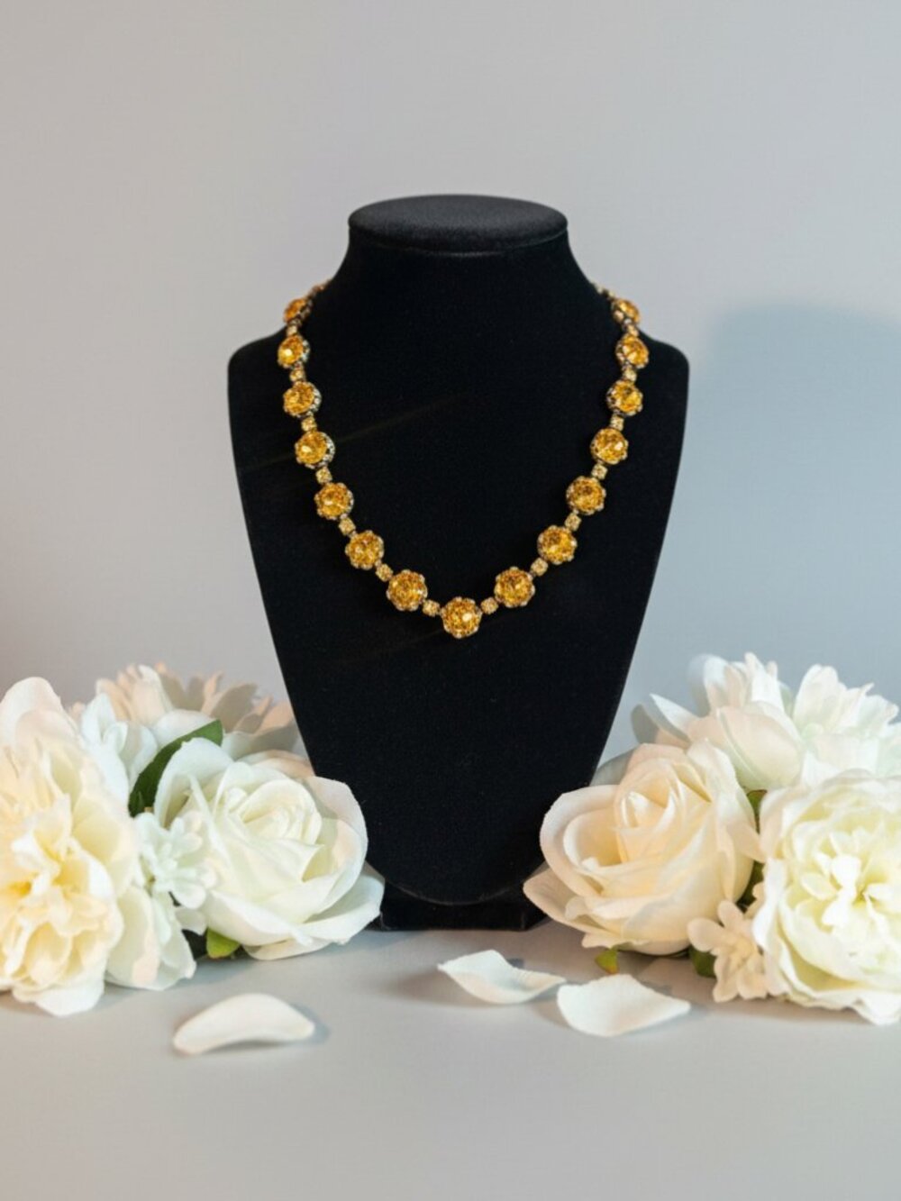 Vintage Topaz Yellow Rhinestone Riviere Statement Necklace Silver Plated